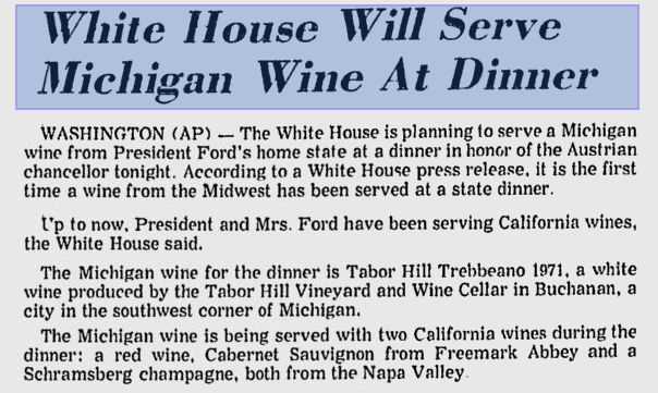 Article about Michigan wine at the White House