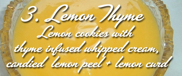 lemon cookies with thyme infused whipped cream, candied lemon peel, lemon curd